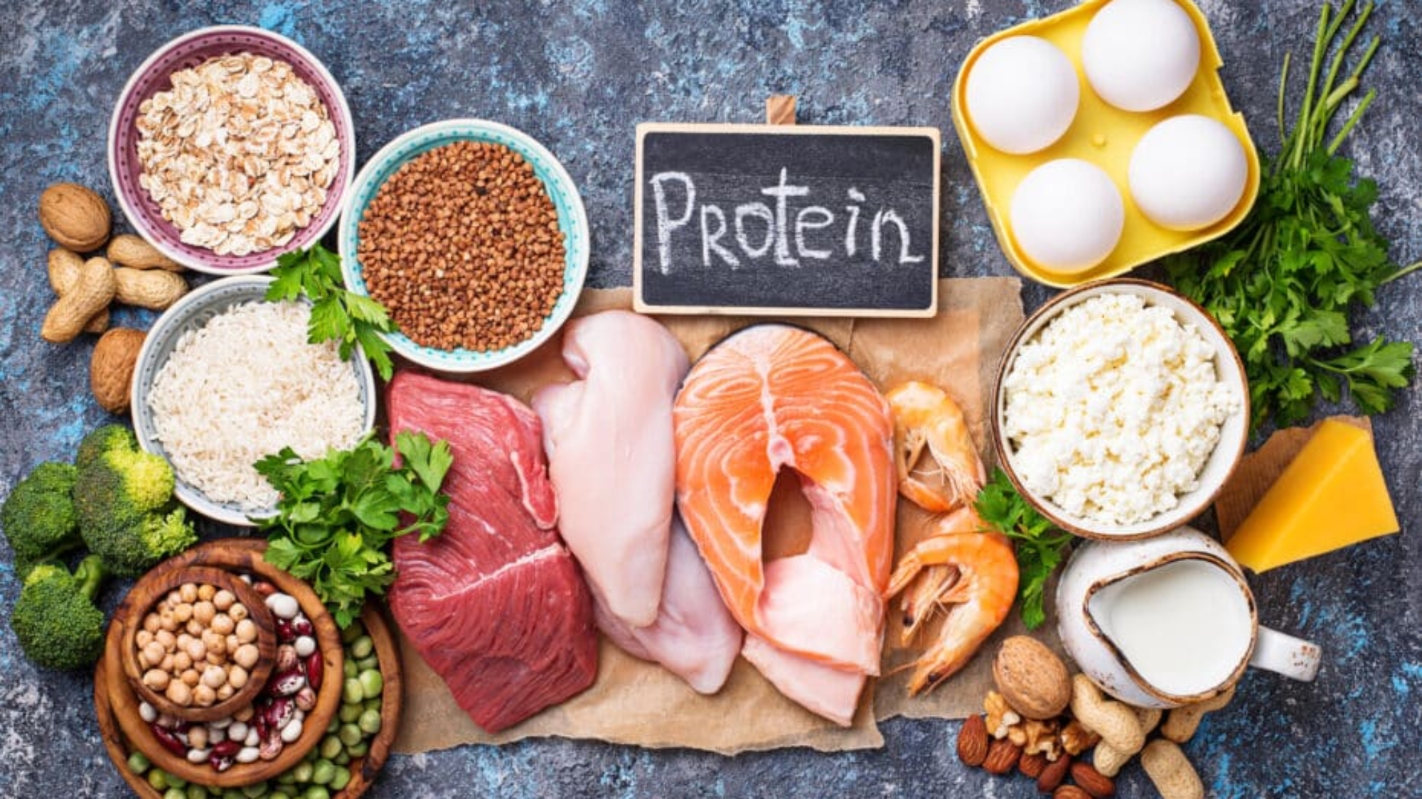 Healthy food high in protein. Meat, fish, dairy products, nuts and beans. Top view
